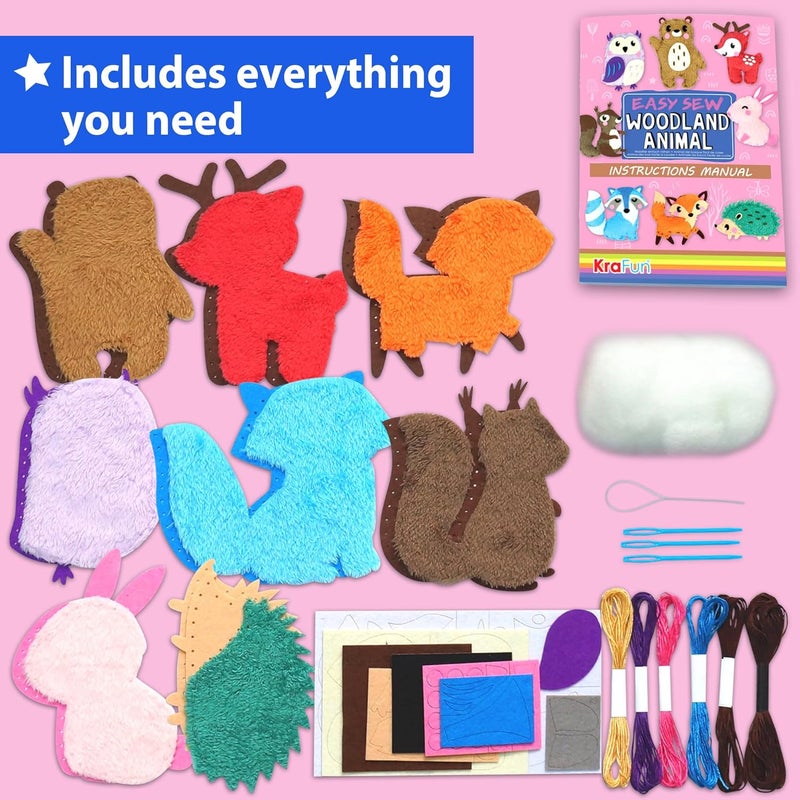 KRAFUN Easy Sewing Kit for Beginner Kids Arts & Crafts, 8 DIY Projects of Stuffed Dolls of Woodland Animals, Bear, Bunny, Fox, Owl, Instructions & Felt, Gift for Girls, Boys, Learn to Sew - Image 2
